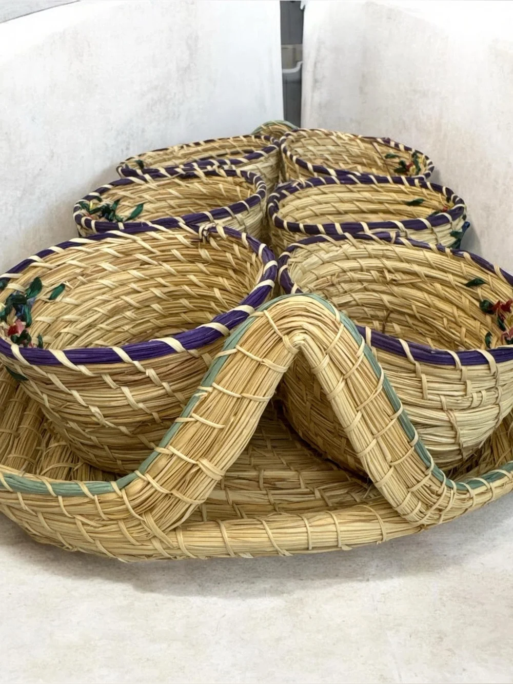 Handwoven Natural Straw Basket Set with Purple Trim and Floral Embroidery